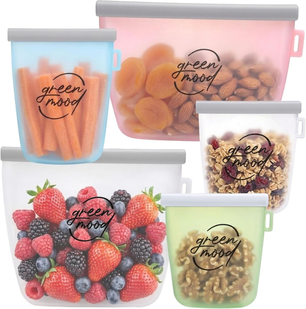 Green Mood Silicone Reusable Food Storage Bags with Organizer – 5 Pack (4 Sizes) – BPA-Free, Leakproof, Freezer & Microwave Safe – Eco-Friendly Bags with Plastic Storage Box for Kitchen & Travel