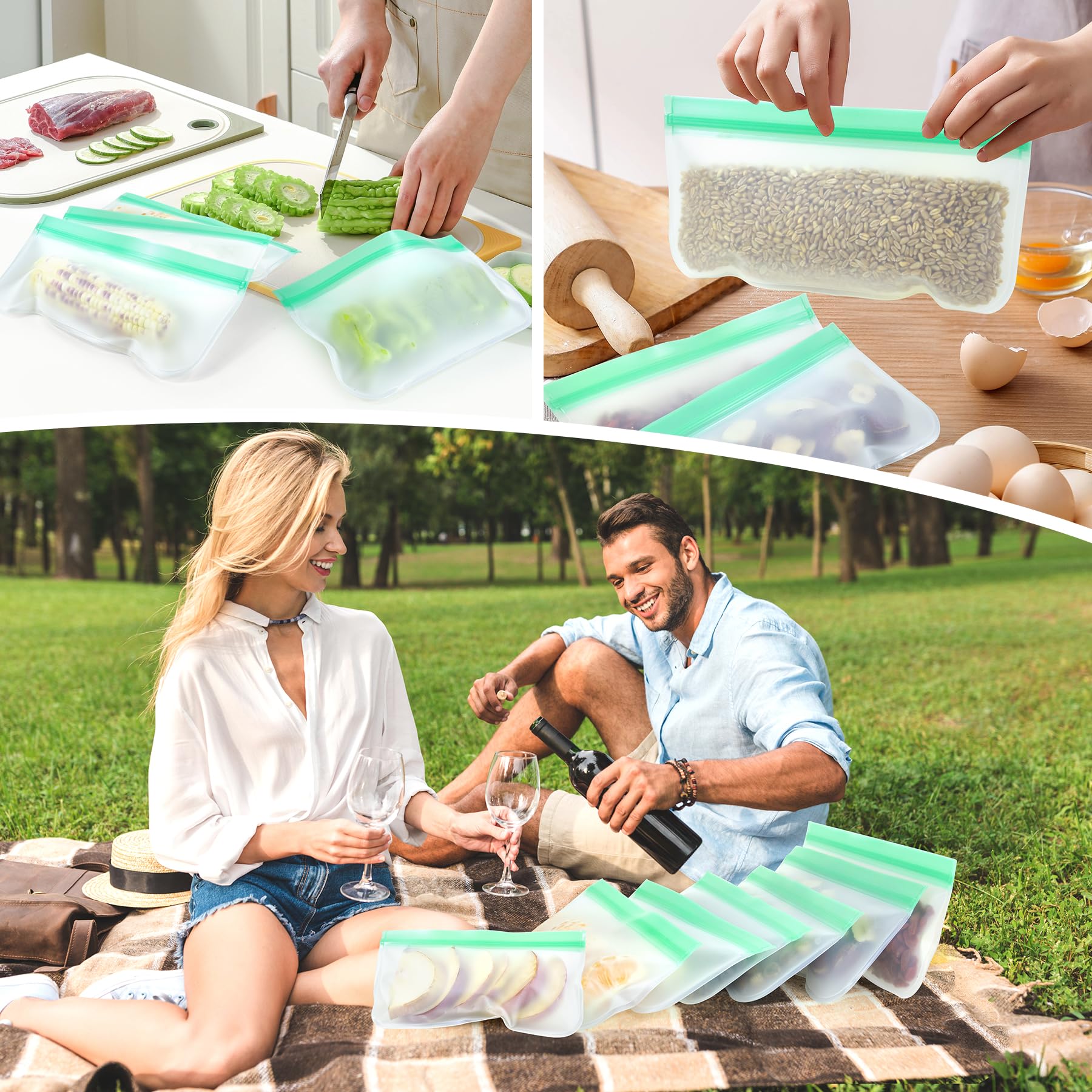 12 Pack Food Storage Containers Silicone Bags-6 Gallon Freezer 3 Sandwich 3 Reusable Snack Bags, Leakproof Silicone Bags for Fruit Storage