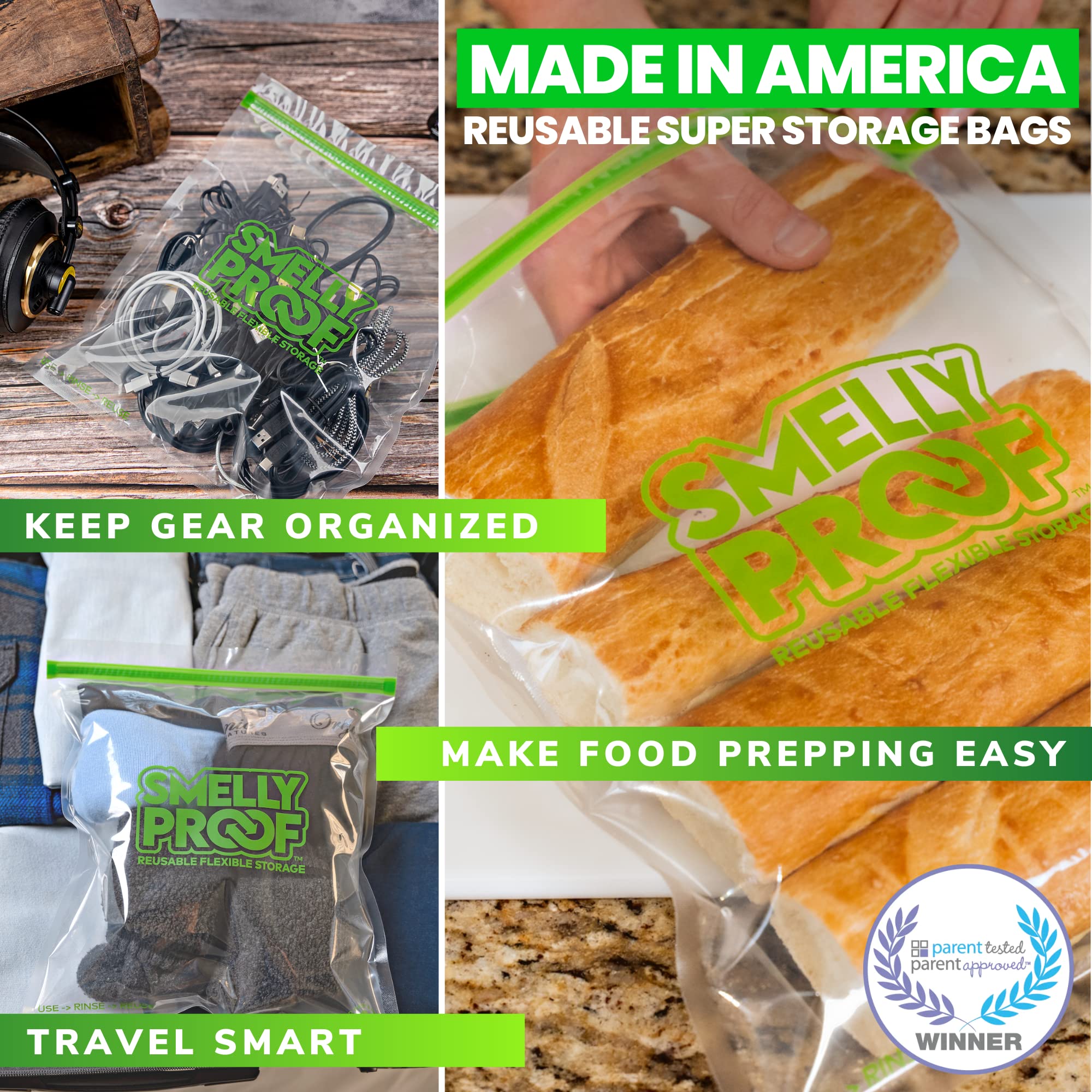Smelly Proof Reusable Food Storage Bags, XL Reusable Freezer Bags, Extra Large Bags for Tools, Crafts & Clothing, US MADE, Dishwasher-Safe, BPA FREE, NO PEVA, 3-mil, 10.5" x 12", 1-Gallon, 10-Pack