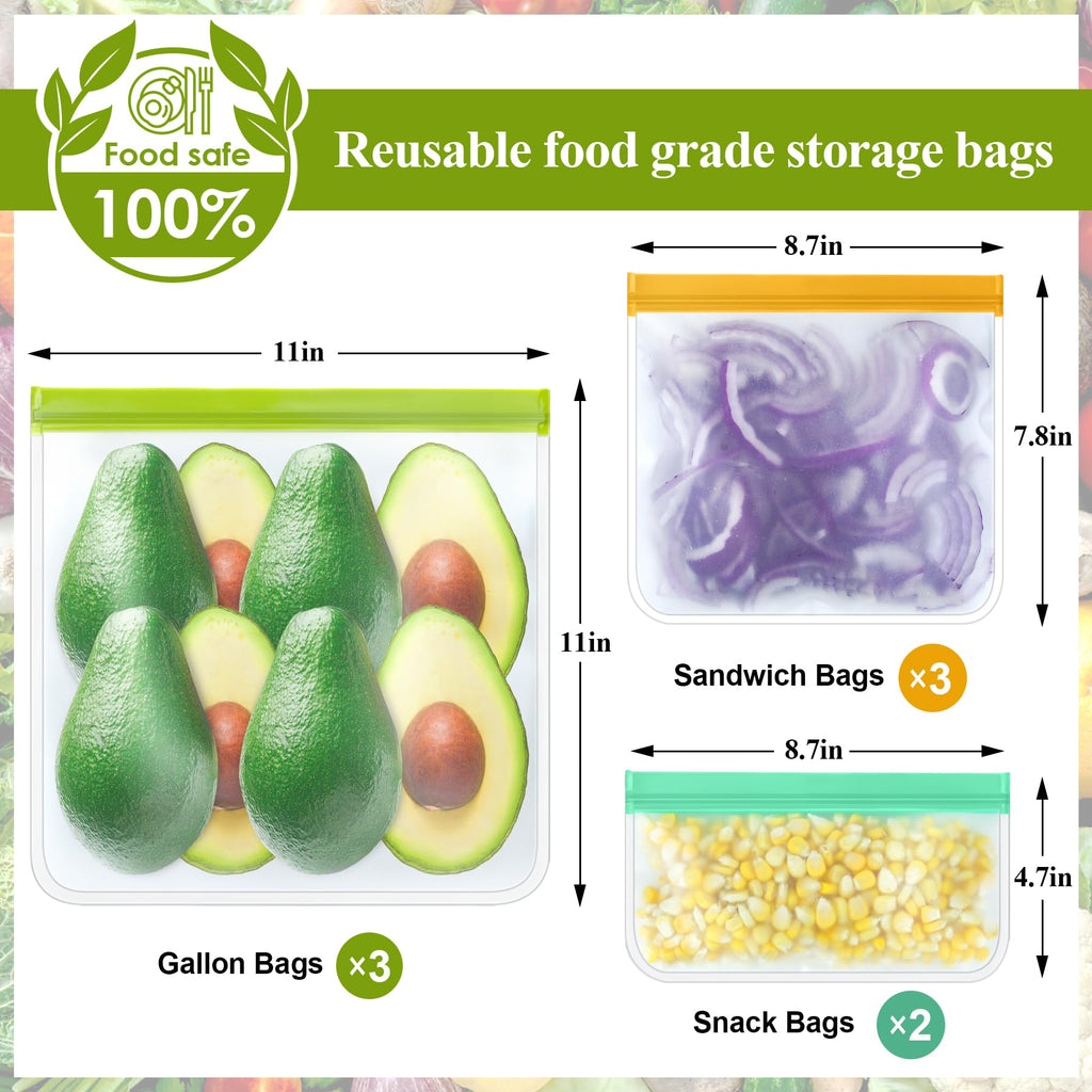 12 Pack Food Storage Containers Silicone Bags-6 Gallon Freezer 3 Sandwich 3 Reusable Snack Bags, Leakproof Silicone Bags for Fruit Storage