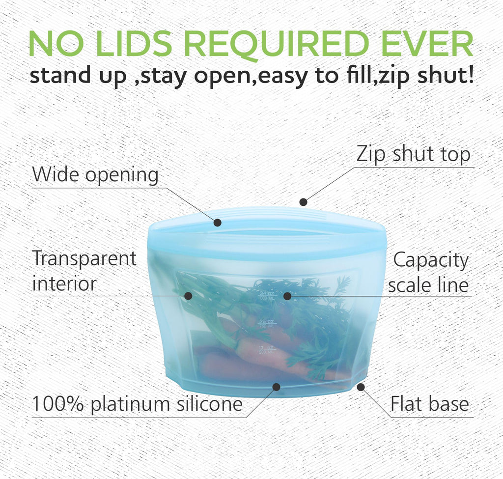 Zip Standing Reusable food container, silicone bag, 6 Pcs Zip Containers Can be used for fruit and vegetable snacks, etc. Microwave Dishwasher and Freezer Usable (blue)…